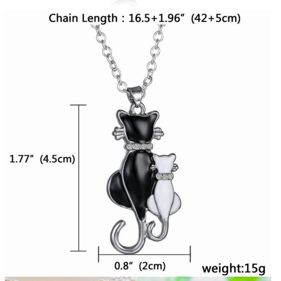 Really Cute 2 Cats Blk & Wht Rhinestone Necklace - Picture 3 of 4